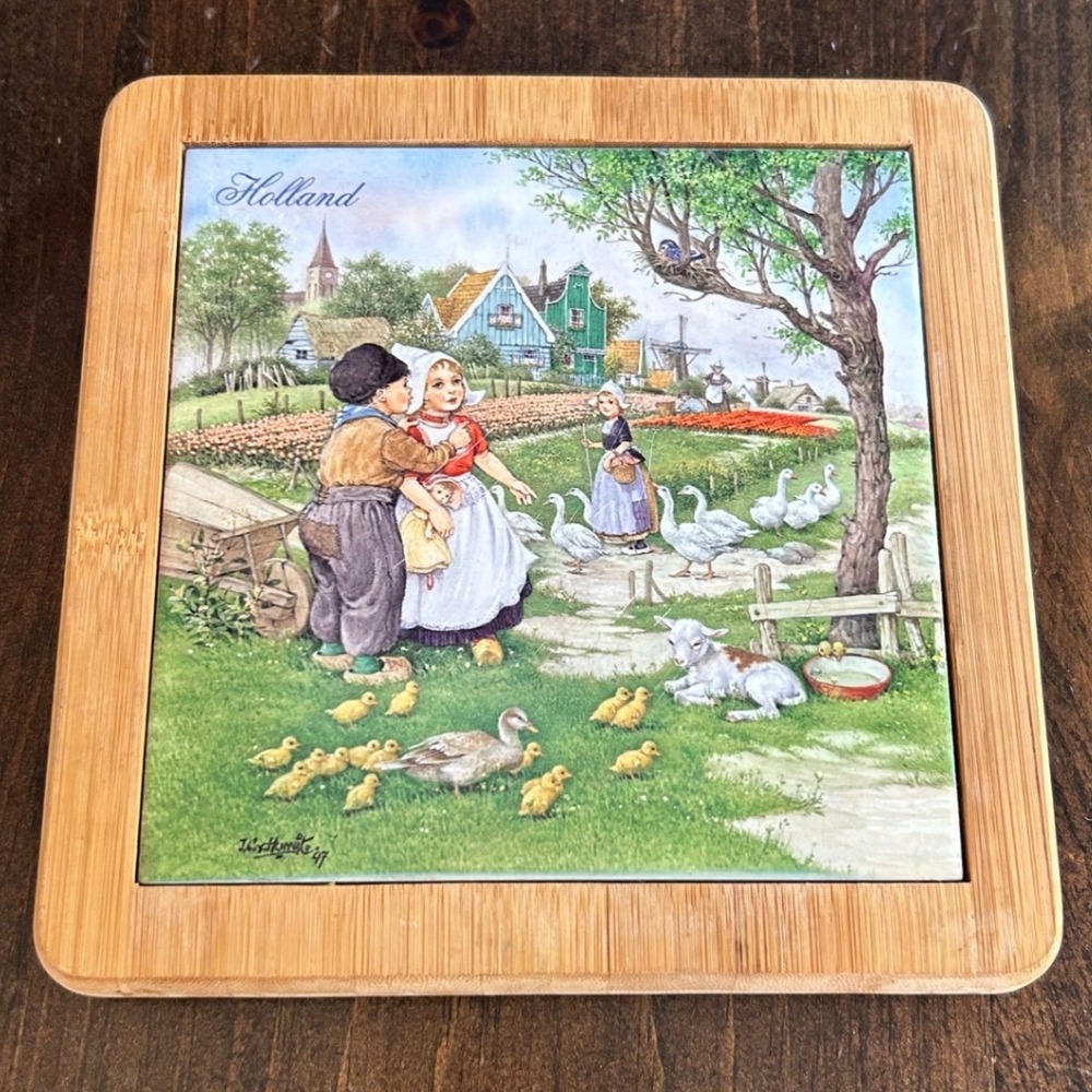 Vintage 90s Delftware Collection Ceramic Tile Trivet Bamboo Holland Kids Scene